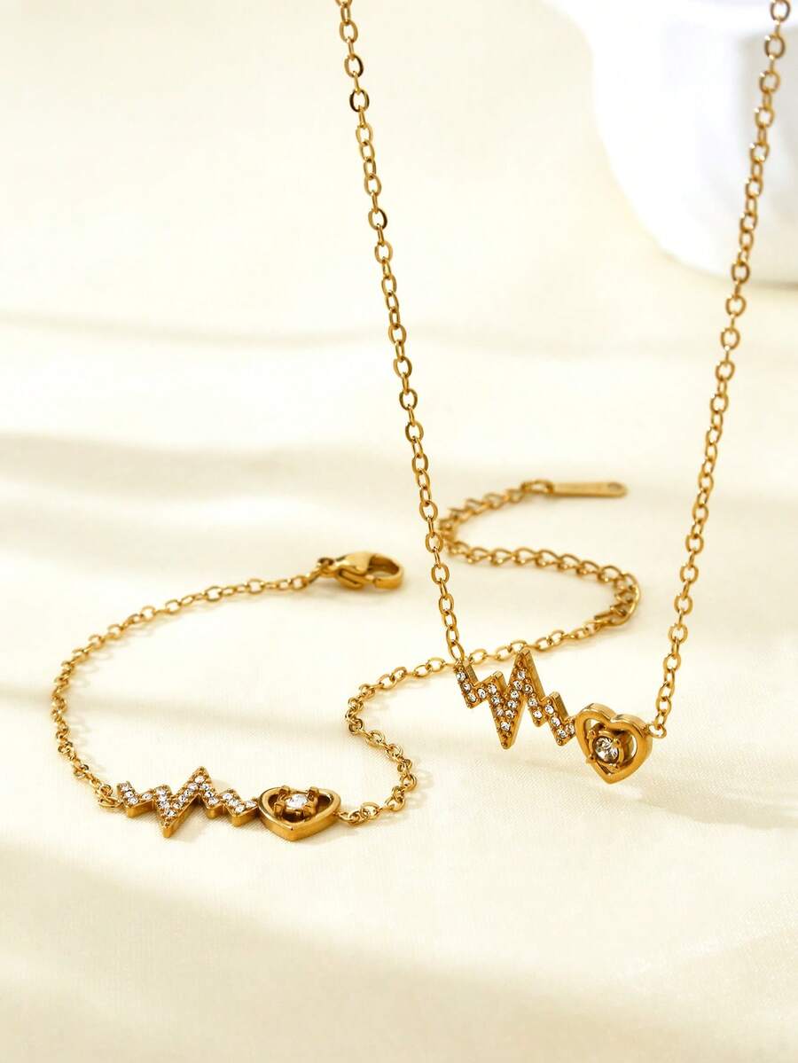 TONSI Bộ dây chuyền mặt dây chuyền hình điện tâm đồ bằng thép không gỉ mạ vàng 18K, thiết kế tối giản độc đáo, thời trang, thích hợp cho các cặp đôi, dịp lễ, đeo hàng ngày, hẹn hò, đi làm, dự tiệc, món quà tuyệt vời nhất dành cho bạn trai/bạn gái. - Vàng - Xem 1