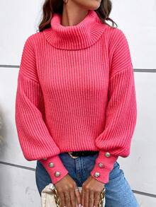 Áo len cổ lọ dáng rộng dành cho nữ, kiểu dáng thường ngày và trang trọng, chất liệu dệt kim gân, cài nút, tay dài. - Màu Hồng Tươi - Xem 5