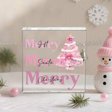 1pc Christmas Desk Decoration Sign, 4X4 Inches, Santa Claus Square Acrylic Ornament, Christmas Quote Design, Pink Christmas Decor, For Living Room Decoration