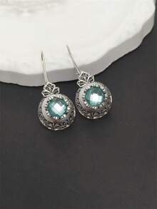 1 对波西米亚风格圆形海蓝宝石锆石雕刻吊坠耳环，适合女性日常、派对、旅行珠宝礼物 - 銀色 - 查看 2