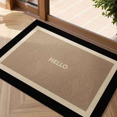 1 件耐用的欧洲简约迎宾垫 - 室内/室外入口垫，带有“Hello”设计，米色和黑色边框，适用于门廊、露台、入口通道 - 仅可手洗，前门迎宾垫