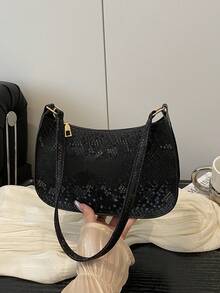 1pc Fish Scale Pattern PU Leather Zipper Closure Shoulder Bag For Women, Suitable For Everyday Use In Autumn/Winter - Black - View 6