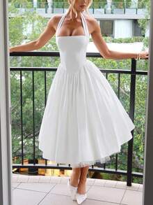 Women Solid Color Tutu Dress Elegant Tie-Up Halter Neck Pram Corset Dress Sleeveless Open Back Cross A-Line Long Tank Dress Party Cocktail Weeding Guest Dress - 白色 - 查看 3