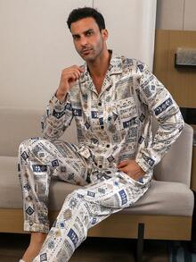 2pcs Men's Sleepwear Set, Letter & Geometric Pattern Satin Robe & Pants, All Season, Fall Clothes