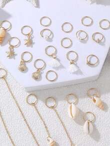 24pcs Minimalist & Elegant Beach Style Hair Clips Set - Starfish, Turtle, Shell, Faux Pearl, Ocean Theme Assorted Hair Accessories For Daily, Vacation, Party, Gift For Best Friends, School Stuff, College, Faux Pearl Hair Accessories - 金子 - 查看 6