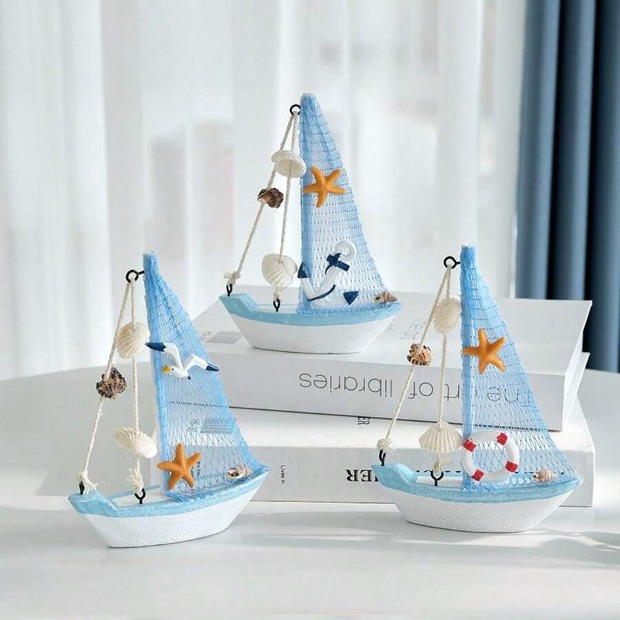 1件航海贝壳裂纹帆船装饰品，创意木制帆船模型摆件，工艺装饰船，装饰配件，桌面摆件，卧室、书房、客厅家居装饰，节日礼物 - 彩色 - 查看 1