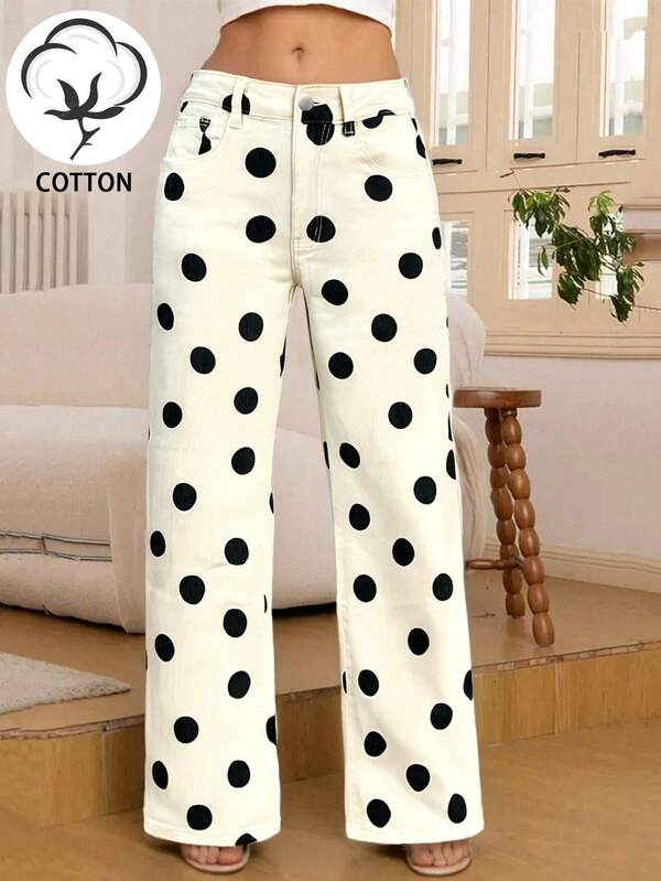 Retro Sweet New Element Polka Dot Elastic White Front Pocket Straight Leg Pants