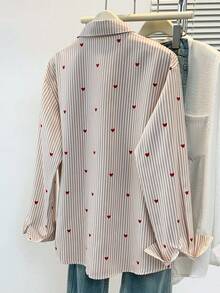 Plus Size Women's Heart Print Striped Polo Shirt - Casual Long Sleeve Blouse For Daily Wear, Spring Summer Fall Vacation