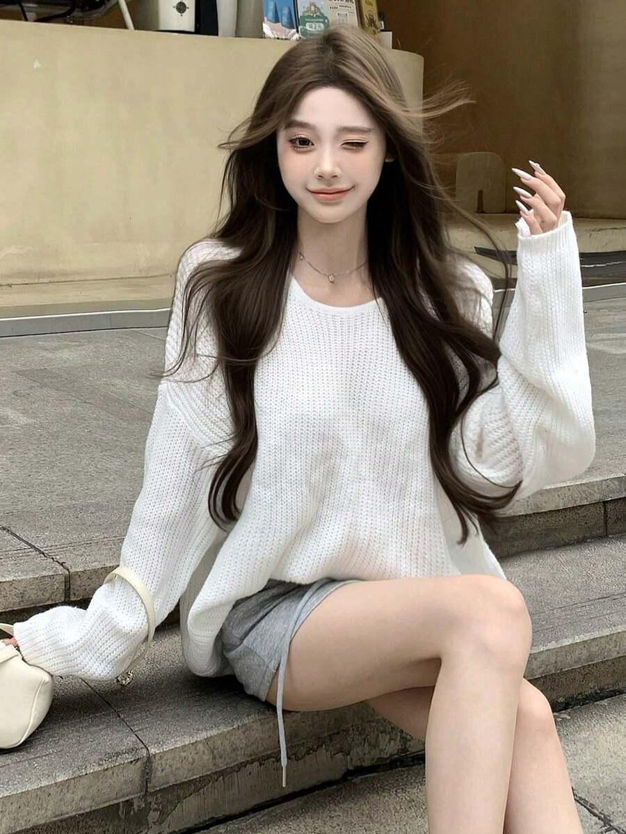 White Crew Neck Sweater For Women, Loose Fit Cozy Knit Pullover, High-Quality Soft Casual Long Sleeve Top For Autumn/Winter