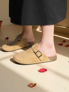 Sandalias de mujer 2025, zapatos planos de mujer sin cordones, nuevas zapatillas de mujer con hebilla cuadrada a juego, botas, mocasines lisos versátiles sin cordones - Caqui - Ver 9