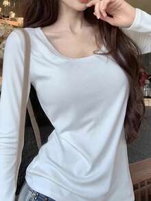 Women'sLong Sleeve T-Shirt, Versatile U-Neck Slim Fit Solid Color Undershirt, Autumn Casual White Spring - White - View 3