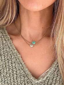 Collar trenzado ajustable con doble piedra preciosa, joyería bohemia de cristal, piedras naturales, regalo unisex - Verde, gris - Ver 1