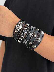 5pcs/Set Gothic Punk Style Fashionable Personalized Skull Rivet Metal Decor Accessories, Multi-Layer PU Leather Braided Bracelet, Suitable For Men's Daily Wear, Halloween Accessories - Black - View 4