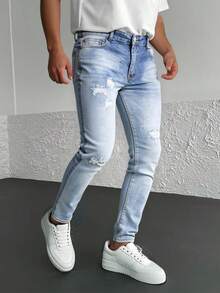 Pantalones vaqueros azul claro con rotos y efecto lavado, tiro alto y corte entallado, estilo moderno y casual - Lavado ligero - Ver 2