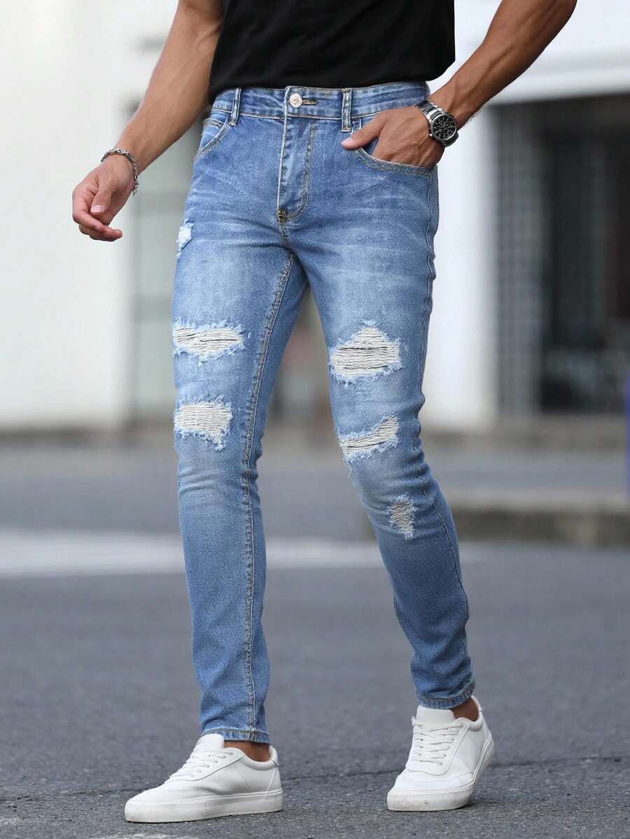 Pantalones vaqueros azul claro con grandes rotos y corte entallado, tiro alto elástico, estilo moderno y casual - Azul lavado medio - Ver 1