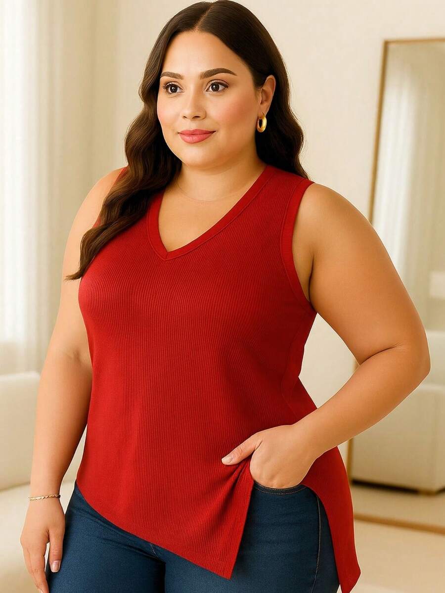 Women's Plus Size Asymmetrical Blouse With Ribbed V-Neckline - Đỏ - Xem 1