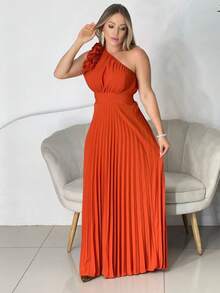 Women's Long Pleated Party Dress, Ruffled Off-The-Shoulder, Wedding, Graduation - Lạc đà - Xem 1