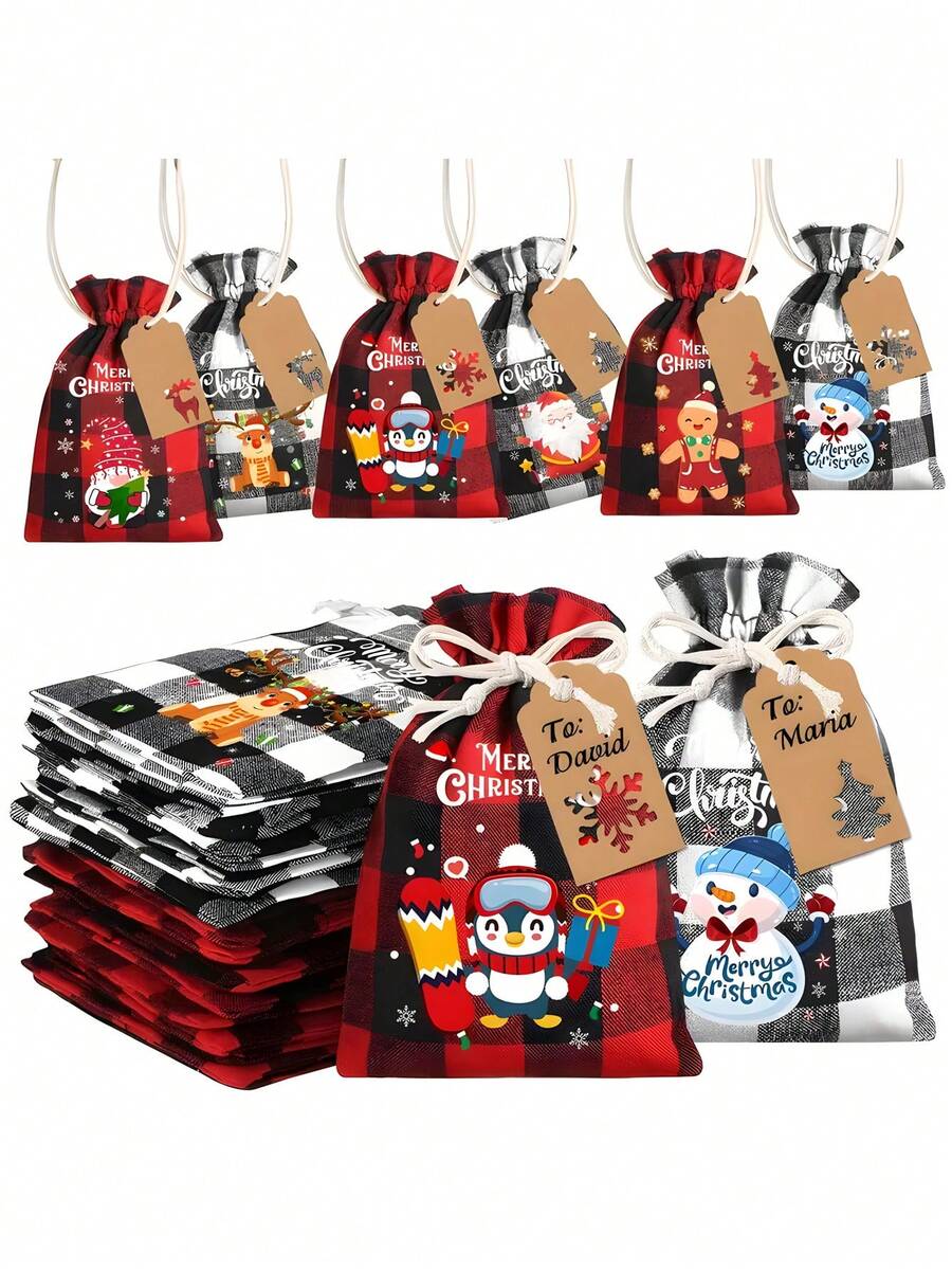 6pcs Christmas Drawstring Bags,Xmas Buffalo Plaid Burlap Candy Bags Linen Treat Bags Christmas Jute Burlap Treat Candy Goodies Drawstring Bags With Tags For Xmas Favors Supplies