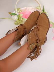 1 双经典流苏时尚百搭高跟防滑四季儿童靴子，日常穿着度假平底靴，中筒复古度假休闲女童靴子适合日常装扮 - 棕色 - 查看 7