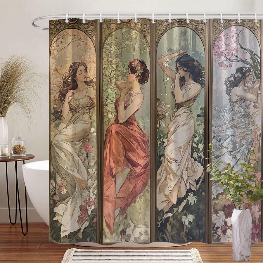 1pc Art Nouveau Women Triptych Shower Curtain - Three Women In Flowing Dresses Set Against Floral Backgrounds - Vintage Bathroom Decor - Polyester Fabric Shower Curtain - 12 Hooks, Bathroom Decor, Home Decor, Bathroom Essentials, Farmhouse Home Decor - 白色 - 查看 1