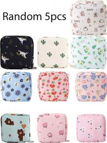 5pcs Large Capacity Sanitary Napkin Storage Bag, Cartoon Pattern Sanitary Napkin Storage Bag, Portable Menstrual Tool Kit, Multi-Purpose Waterproof Storage Bag, Nursing Pad Storage Bag, Tampon Bag, Feminine Product Bag, Vacation Storage Bag, Suitable For Sanitary Napkins, Lipstick And Coin Storage, Travel Essentials, Storage Essentials, School Season Essentials, Mom Gifts, Birthday Gifts, Holiday Gifts, Bohemian Style