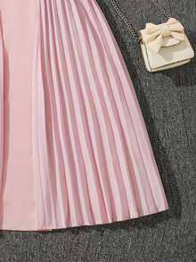 Left Mama Girls' Elegant Stand Collar Sleeveless Pleated Dress, Summer - Pink - View 6