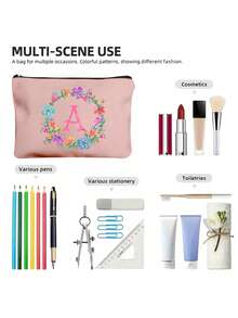 Necessaire Personalizada com Letra em Inglês, Necessaire de Maquiagem Floral em Aquarela na Moda, Necessaire de Cosméticos com Zíper Minimalista, Necessaire de Viagem com Zíper para Artigos de Toalete, Bolsa de Armazenamento para Esmalte de Unha, Bolsa Porta-Pincéis de Maquiagem (Conjunto de Presente), Necessaire de Cosméticos/Porta-Moedas
