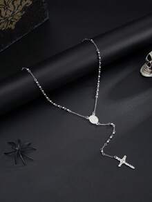 1pc Vintage Style Beaded Chain Cross Pendant Necklace, Stainless Steel Long Chain, Suitable For Men's Daily Wear, Halloween Accessory