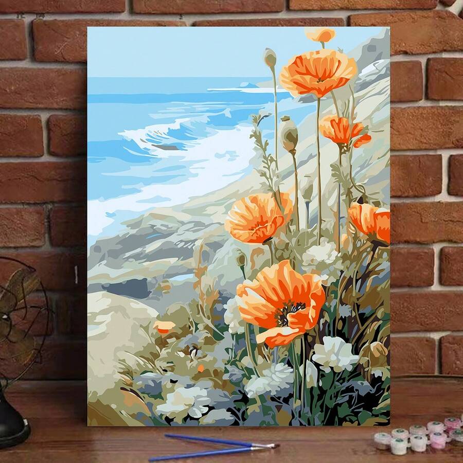 DIY Digital Oil Painting Acrylic Paint Kit For Adults, 40*50cm With Paint And Brushes, Great For Stress Relief, Paint By Numbers, Handmade Poppy Flower And Daisy Design, Home Decor Wall Art, Beginner Painting, Ideal Gift For Friends (Frameless)