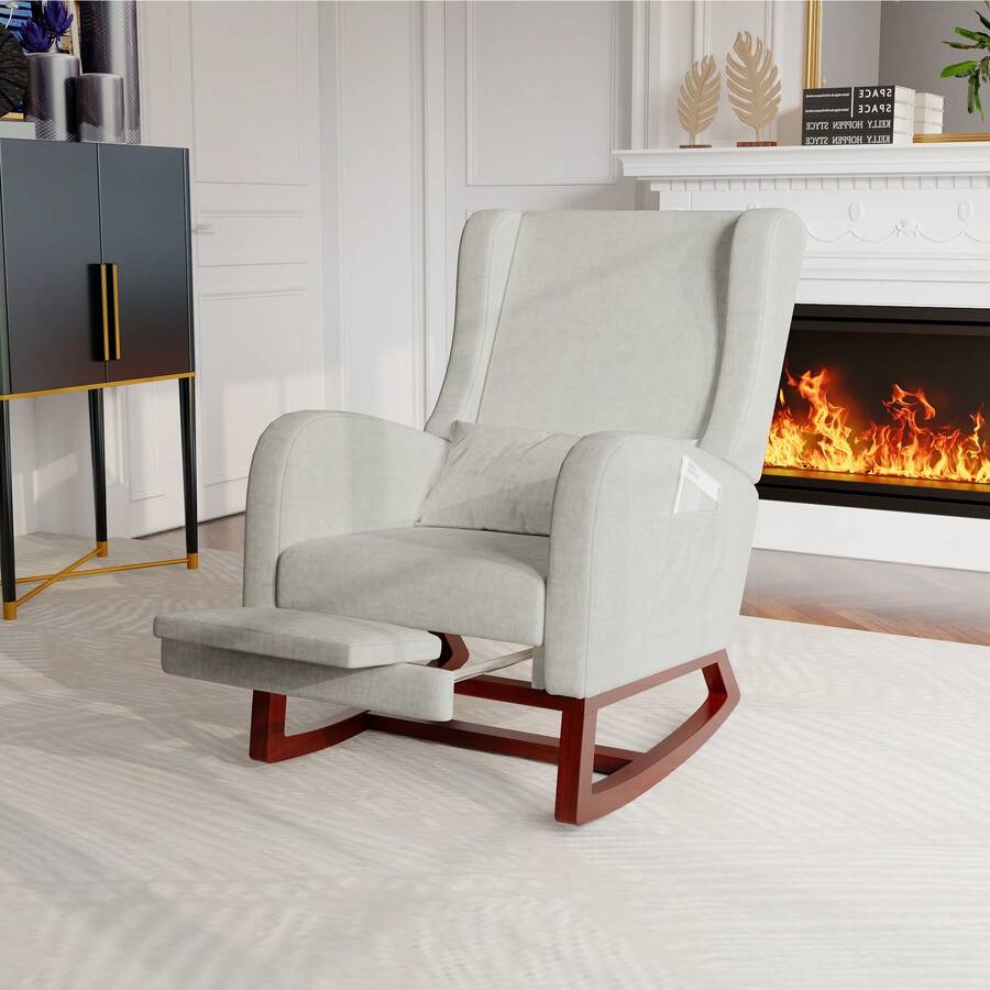 Rocking Chair, Lumbar Cushion, Backrest & Armrest, Swing Chair, Relaxing Chair For The Living Room Or Bedroom, Rocking Chair With Footrest In Beige Made Of Soft Fabric, Comfortable For The Living Room Or Bedroom - 灰色(磨砂絨布料) - 查看 1