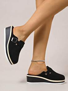 New Women Platform Mules Shoes, Black & Beige Faux Suede Round Toe Slip-On Fashion Thick Bottom Loafers - Black - View 4