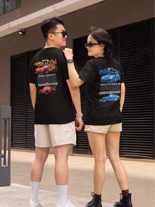 Set 2 Playeras Camisetas Pareja Novios Carros Real Duo Unisex Normal - Negro - Ver 1