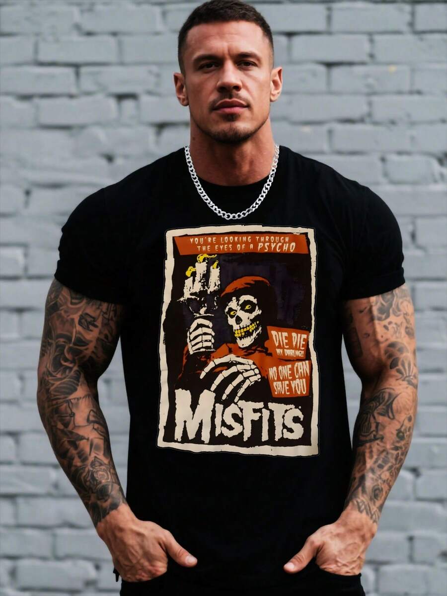 Men's Black MISFITS Graphic Print Casual T-Shirt - Summer Round Neck Short Sleeve Tee With Edgy Skeleton & Bold Text Design, Machine Washable Polyester For Everyday Streetwear - màu đen - Xem 1