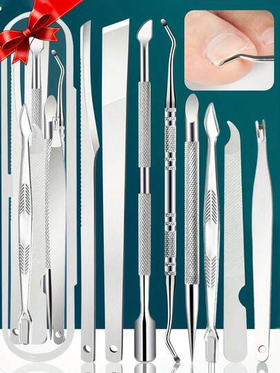 8 piezas Juego de Removedor de Callos y Uñas Incrustado de Acero Inoxidable - Lima de Pies Multifunción, Regalo Perfecto de Navidad, Incluye Estuche de Transporte Portátil