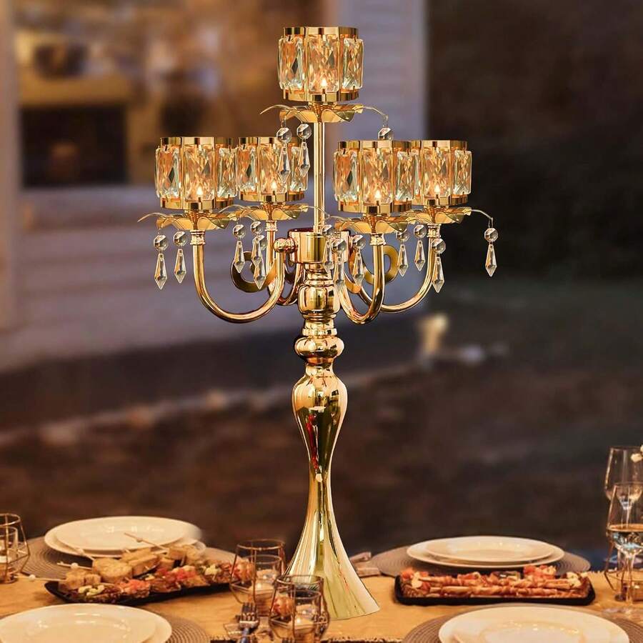 1pc/2pc Gold 5 Arm Pendant Square Crystal Table Decor 22 Inch Candle Holder, Classic And Elegant Table Centerpiece Atmosphere Candle Holders For Gift Wedding Party Home Decor,Halloween, Christmas Decorations - Gold - View 1