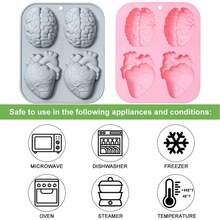 Gehirn Herz Halloween Schokoladen Bonbon Silikon Formen, 4 Löcher 3D Gehirn Herz Form Schokoladen Seife Formen, DIY Kekse Bonbons Gummibärchen Schokoladen Formen Eiswürfelbehälter