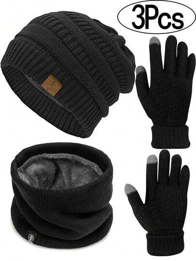 Winter Knit Beanie Hat Neck Warmer Scarf And Touch Screen Gloves Set 3 Pcs Thermal Lined Skull Cap For Men Knit Beanie Winter Thick Solid Thermal Lined Beanie Hats For Men Warm Skiing Beanies Fall
