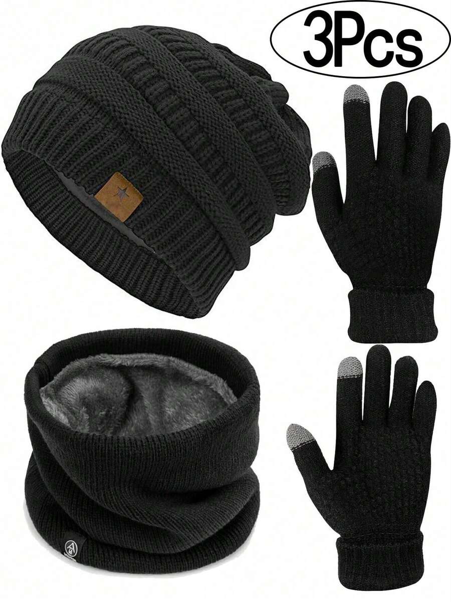 Winter Knit Beanie Hat Neck Warmer Scarf And Touch Screen Gloves Set 3 Pcs Thermal Lined Skull Cap For Men Knit Beanie Winter Thick Solid Thermal Lined Beanie Hats For Men Warm Skiing Beanies Fall
