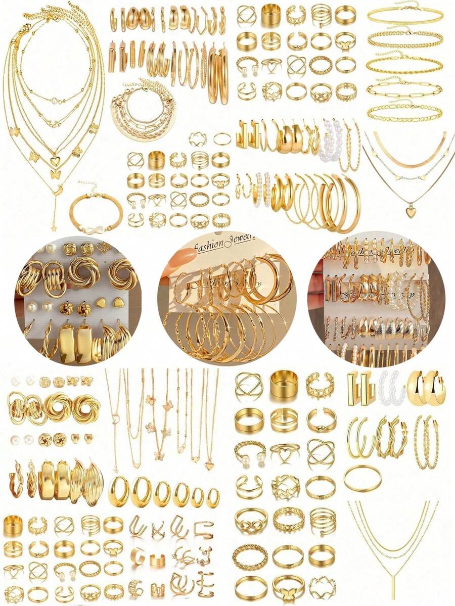 37-68pcs Elegant Vintage Butterfly, Heart, Faux Pearl, Twist Knot, Star, Moon, Rhinestone, Wide Band, Snake Chain, Braid Chain, Geometric C-Shape Earrings, Necklaces, Rings, Bracelets Jewelry Set, Suitable For Holidays, Parties, Daily Wear, Holiday Gifts - Multicolor - View 1