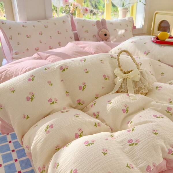 Peach Pink Tulip Floral Bedding Set, Romantic Pink Duvet Cover, Solid Color Bed Sheet, Includes 1*Duvet Cover + 1*Bed Sheet + 2*Pillowcases, Soft Touch, Skin-Friendly, Hollow Fiber