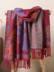 1 件女士秋冬仿羊绒花卉提花时尚百搭空调披肩开衫，厚实保暖，适合日常使用，斗篷围巾流苏厚实保暖女士围脖 - 彩色 - 查看 7