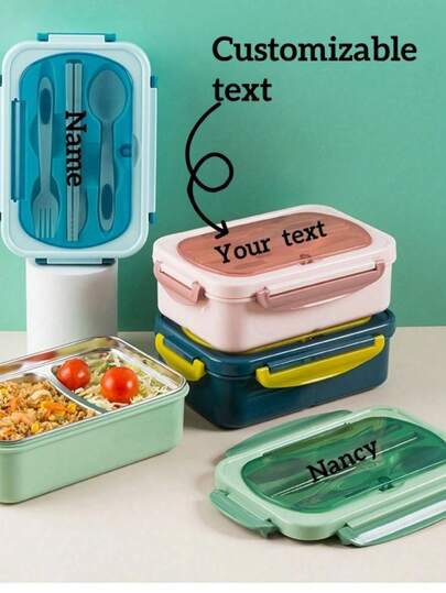 1pc Customizable Letter Lunch Box, 3-Compartment Rectangular Food Container, Snack Storage, Comes With Utensils - Chopsticks And Spoon, Suitable For Adults, Office Workers, Students, Daily Use, Reusable Bento Box,Multi-Functional,Ornamental,Letter,Stylish,Modern,Colorful,Cute,Adorable,Casual,Custom,Personalised,Unique,Customized,Ideal Gifts For Him,Ideal Gifts For Her