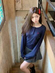 Autumn/Winter Korean Style Lace Patchwork Round Neck Button Design 2 In 1 Long Sleeve T-Shirt - Blue - View 7