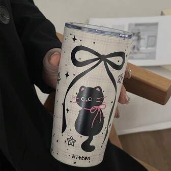 1pc 20oz Stainless Steel Insulated Pink Plaid Car Cup, With A Cat Wearing A Pink Bow, A Must-Have For Daily Drinking Water, Festivals And Parties, A Good Choice For Personal Use And Giving As A Gift, A Holiday Gift.