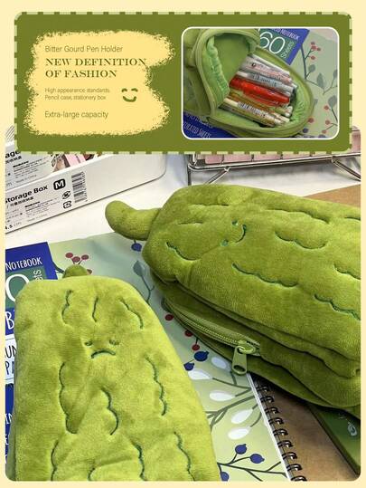 Bitter Gourd Pencil Case, Funny Zipper Storage Bag, Large Capacity, Student Desk Organizer, Niche Stationery Pencil Box, Fashionable & Creative Storage