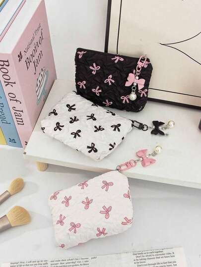 Cute Ruffled Square Coin Purse With Bow Pattern, Mini Lipstick Storage Bag With Detachable Bow Pendant, Portable Cosmetic Bag With Zipper, Women's Cosmetic Storage Bag, Soft Fabric Sanitary Napkin Storage Bag, Fashionable Handbag, Wallet, Small Item Storage Bag, Can Hold Keys, Headphones, Coins, Lipstick, Lip Gloss, Cards, Girls' Accessories, Vacation Must-Have, Summer Holiday Essentials Storage Bag