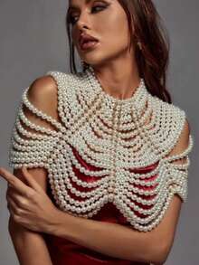 1 chiếc khăn choàng toàn thân đính ngọc trai thủ công, kiểu dáng cá nhân hóa, phóng đại thời trang dành cho nữ - Màu be - Xem 6