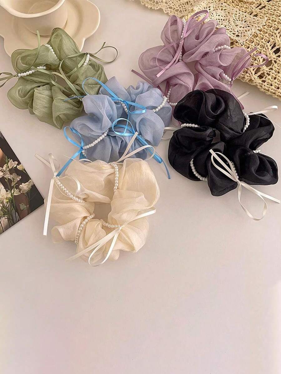 1 pieza Coletero de tul con adorno de perlas - Elegante coletero grueso para mujer, sujetador de coleta y moño con encanto romántico, sujetadores de coleta, bandas elásticas para el cabello, cuerdas para el cabello, accesorios para el cabello como regalo, accesorios para la cabeza, banda elástica - Multicolor - Ver 1