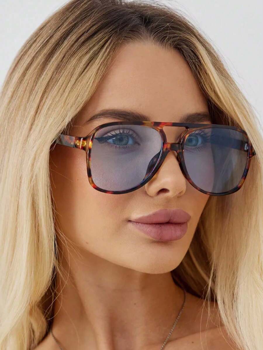 1pc Women's Plastic Double-Beam Aviator Large Frame Personalized Contrast Color Retro Minimalist Glasses Casual Daily Versatile European And American Sexy Ins Style Outdoor Travel Decorative Fashion Aviator Shape Shades - Multicolor - View 1