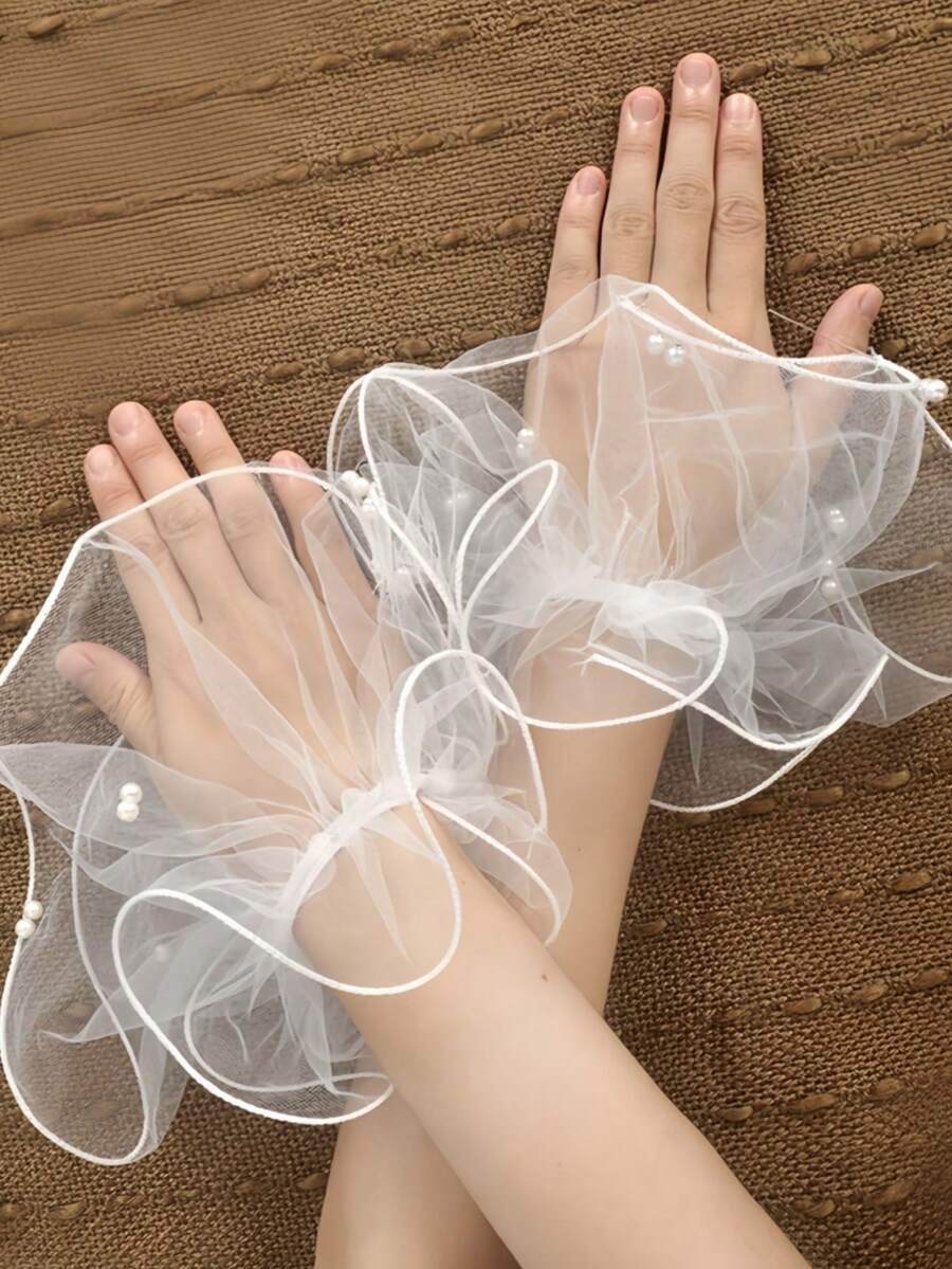 1 Pair Women's Thin Mesh Sleeve Cuffs With Pearl Decor, Wedding Accessory, Party/Event/Photo Shoot Fall Clothes For Women